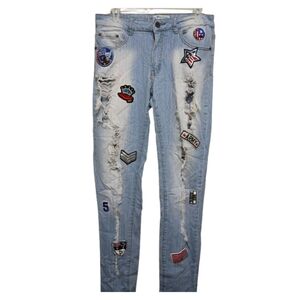 Blue Topic Distressed Patchwork Skinny Jeans Size 9 / 10 Light Wash Y2K Punk